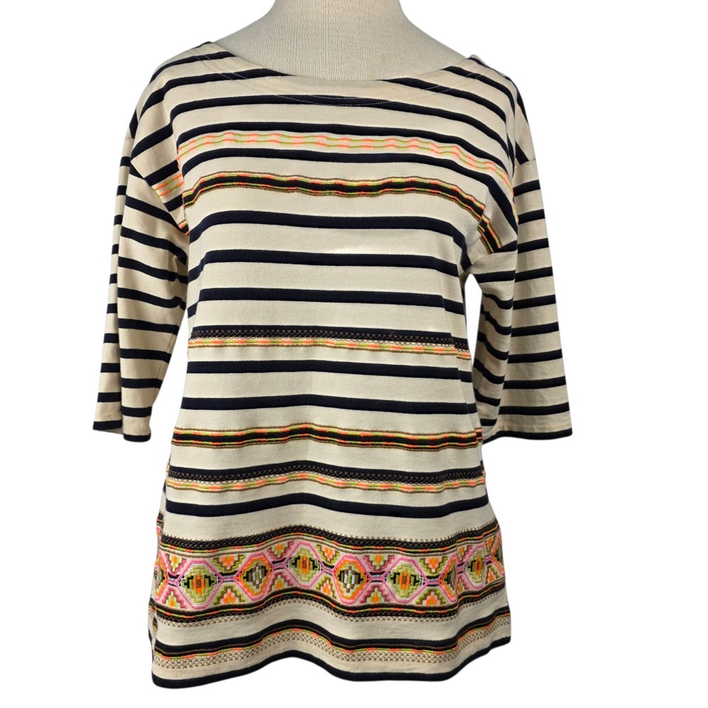 J CREW Women's Top SZ M Striped Aztec‎ Neon Embroidered Bateau Neck 3/4  *READ